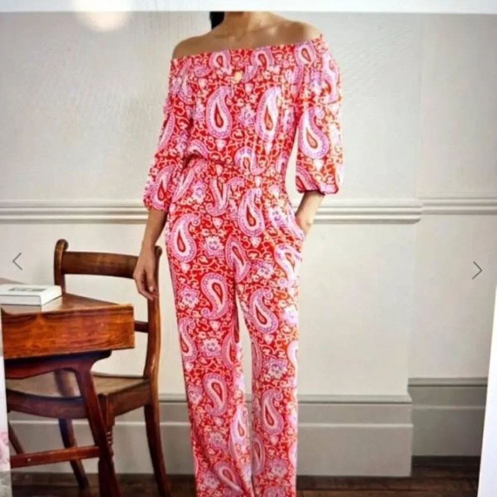 Boden Off Shoulder Jumpsuit in pink&orange paisley sz 10R